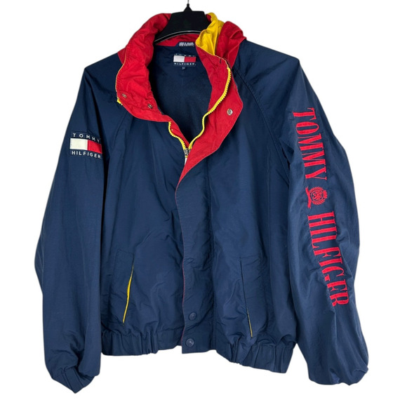 Vtg 90s Tommy Hilfiger Spell Out Flag on Sleeve Full Zip Hooded Jacket XXL *Flaw - Picture 2 of 13